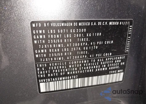 2021 Volkswagen Tiguan 2.0T Se/2.0T Se R-Line Black/2.0T Sel z USA, uszkodzony, nr VIN 3VV2B7AX3MM064707